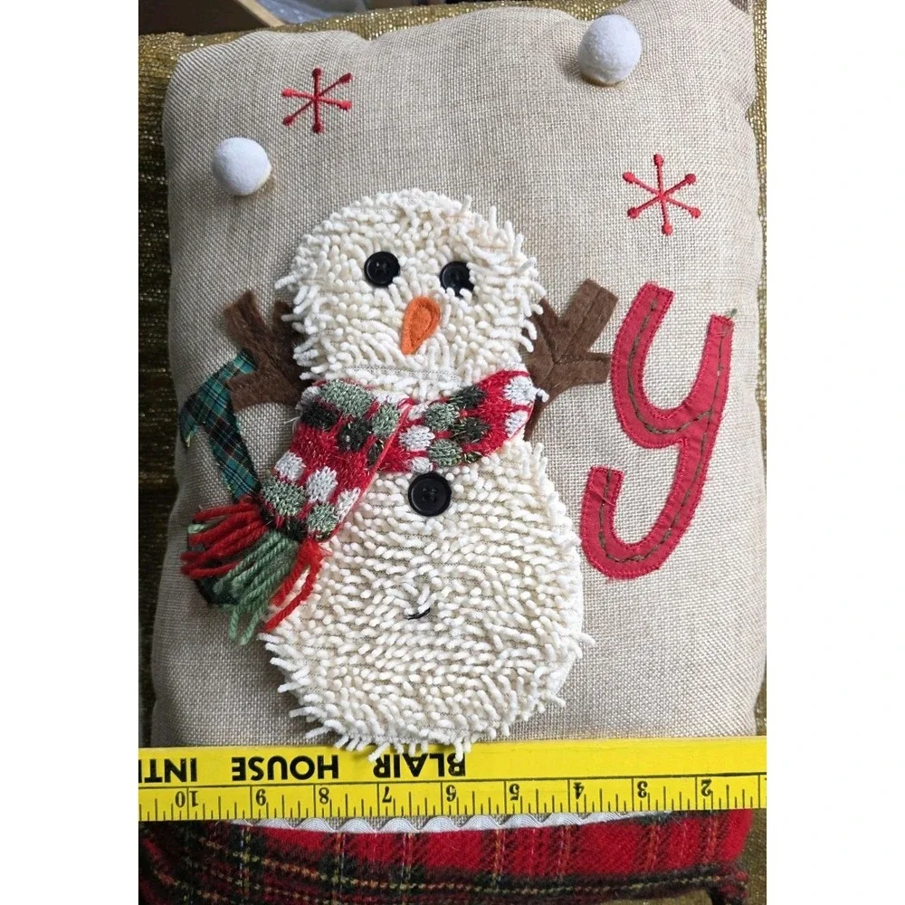 Cracker‎ Barrel Christmas Pillow JOY Snowman Rustic Farmhouse Plaid/Burlap